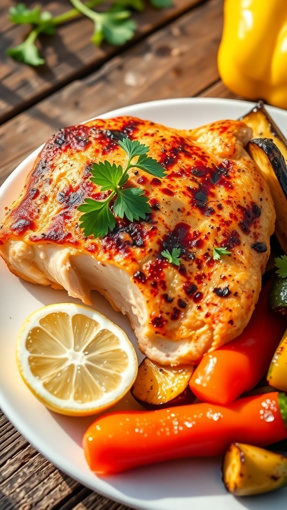 Grilled chicken breast garnished with parsley and served with grilled vegetables on a rustic table.